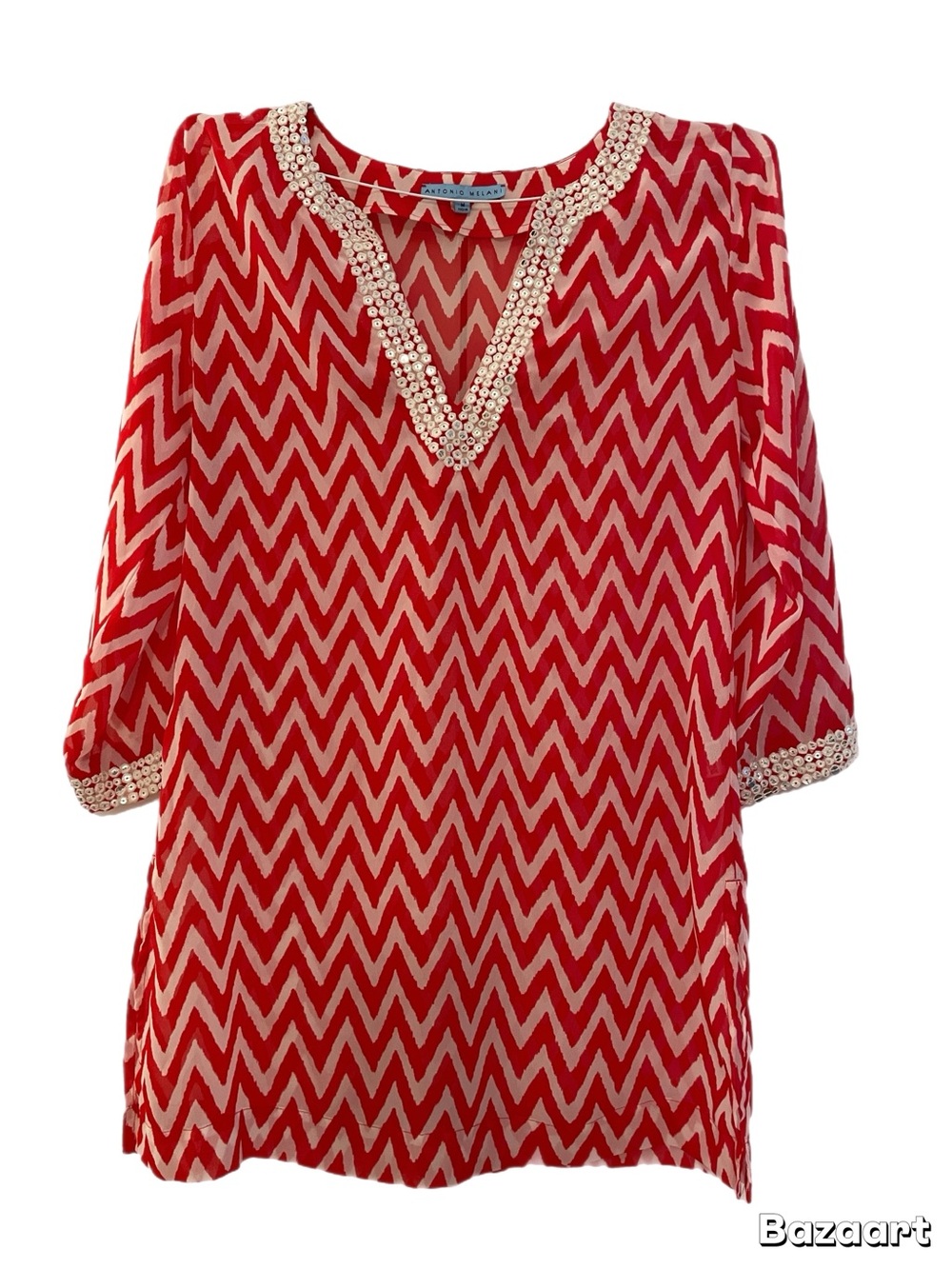 ANTONIO MELANI Red and White Beaded V-Neck Sheer Tunic Top swim coverup M EUC
